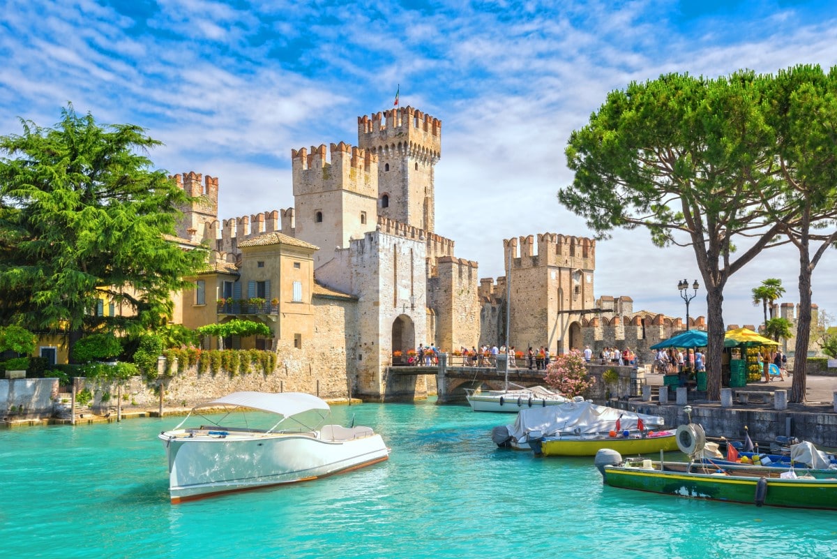 Romantic Rocca Scaligera, castle on the island of Sirmione, Lake Garda, Italy