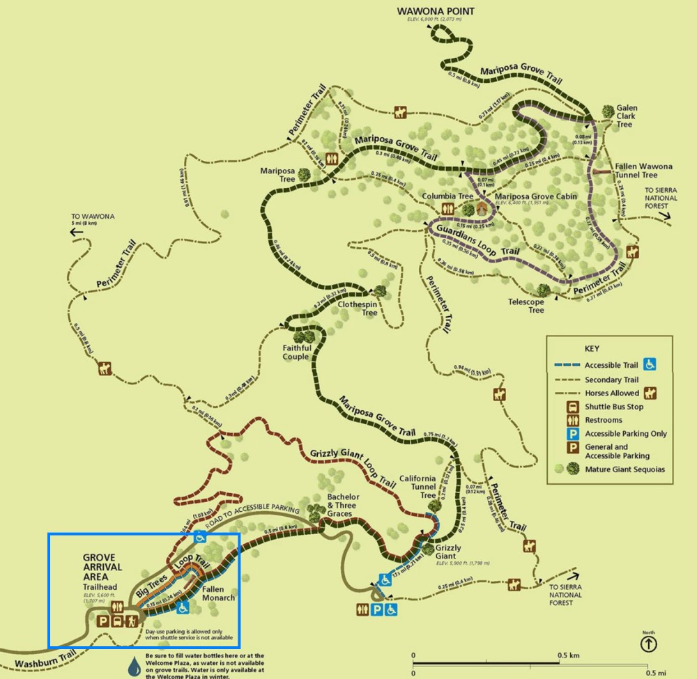 Grove Arrival Area and Mariposa Trail Map